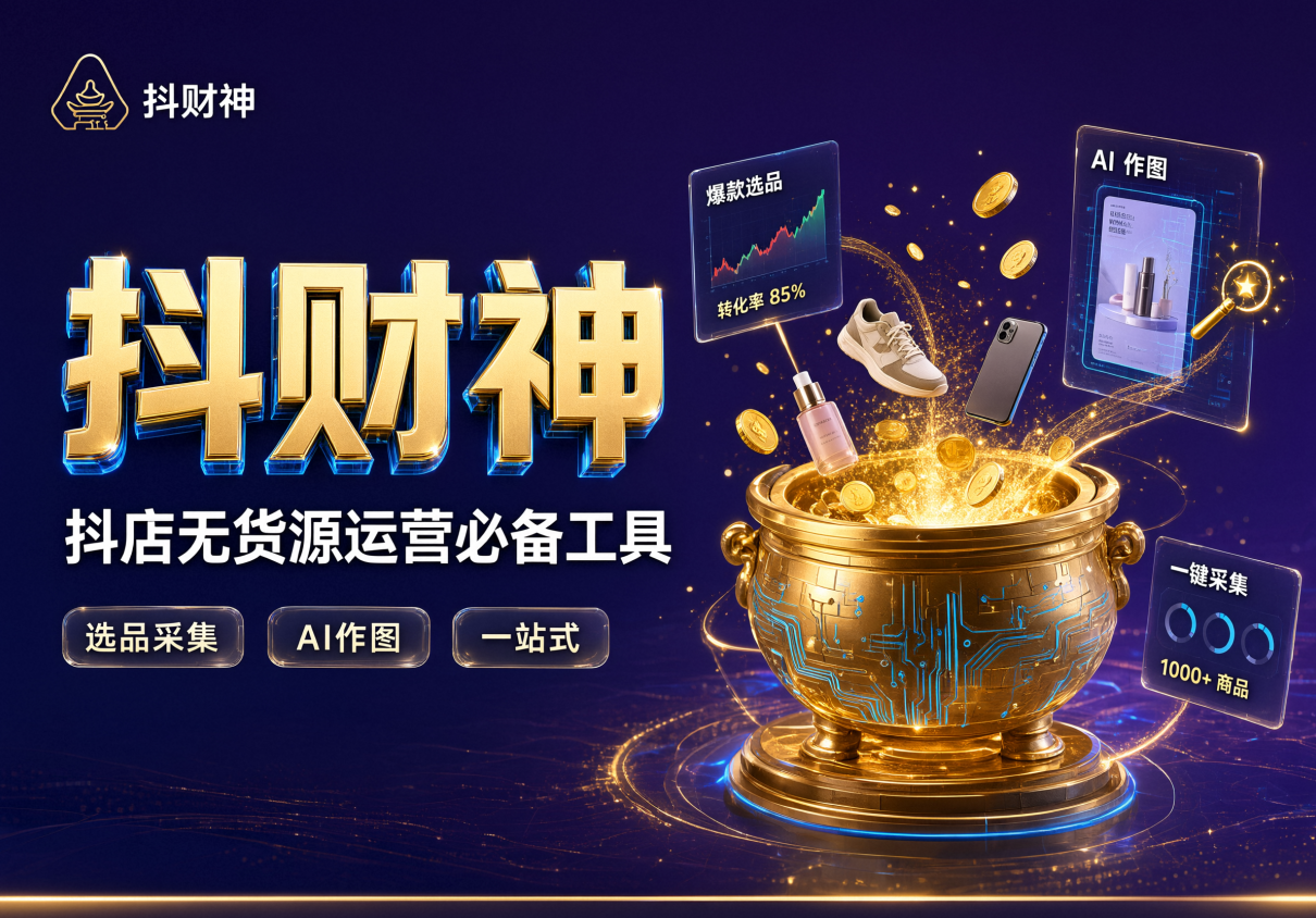 抖财神|抖店无货源运营工具,抖店商机提报、一键查找1688同款、选品监控、AI 作图一站式操作封面